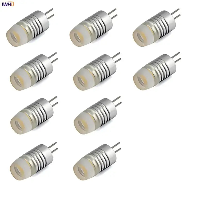 Twelve silver frosted cob g4 led bulbs with dual pin base arranged in four rows for chandelier dining room light by decorbites cob
