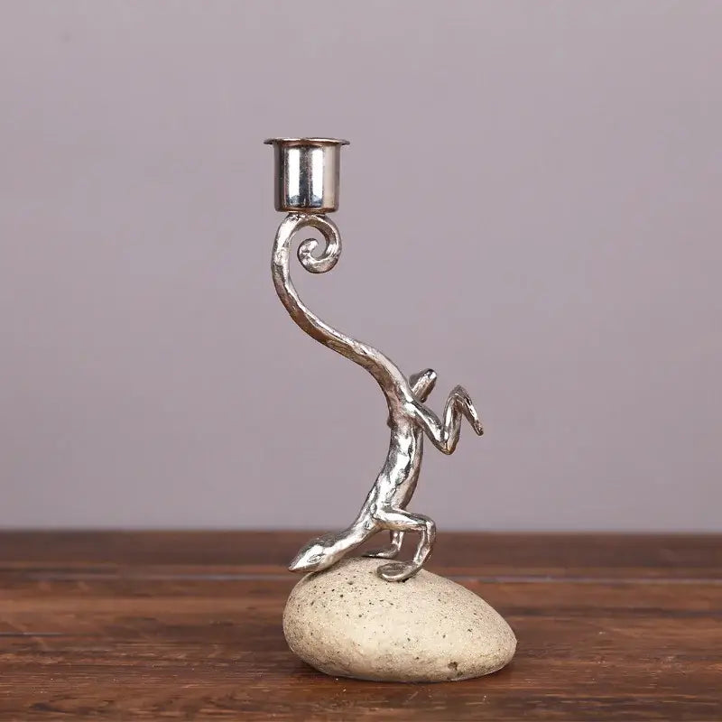 Silver gecko lizard resin candlestick with polished metallic finish and curved design for living room decorbites decor