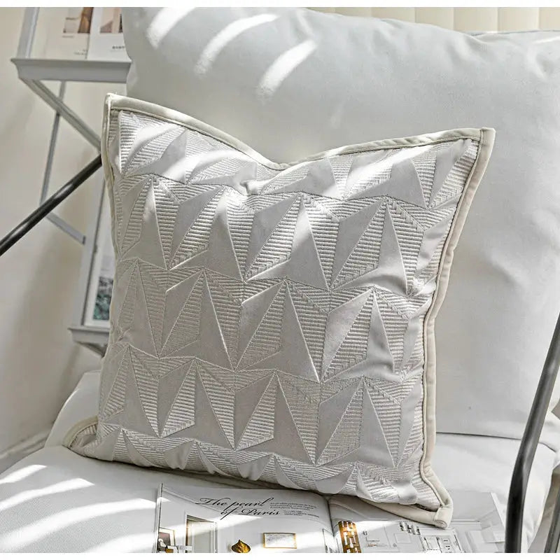 Off-white square pillow cover with silver geometric embroidery and decorbites conical geometric luxe design for living room decor