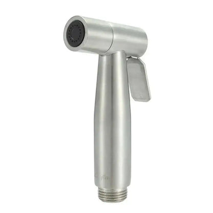Stainless steel silver and golden bidet sprayer with sleek cylindrical body and black nozzle for bathroom use