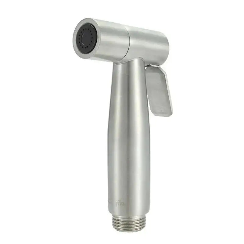 Stainless steel silver and golden bidet sprayer with sleek cylindrical body and black nozzle for bathroom use