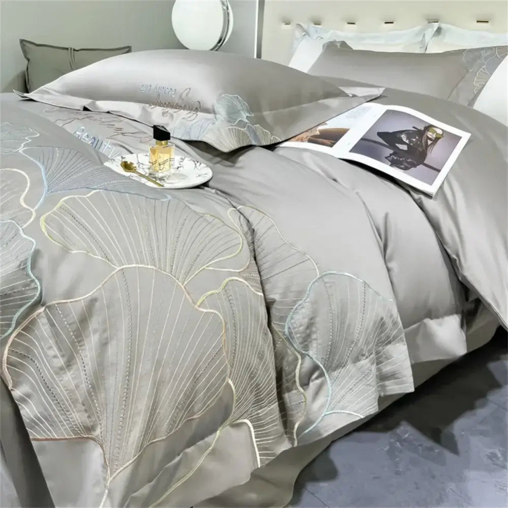 Silver gray 1200tc embroidery egyptian cotton bedding set with gray silk duvet cover featuring gold and silver ginkgo leaf embroidery