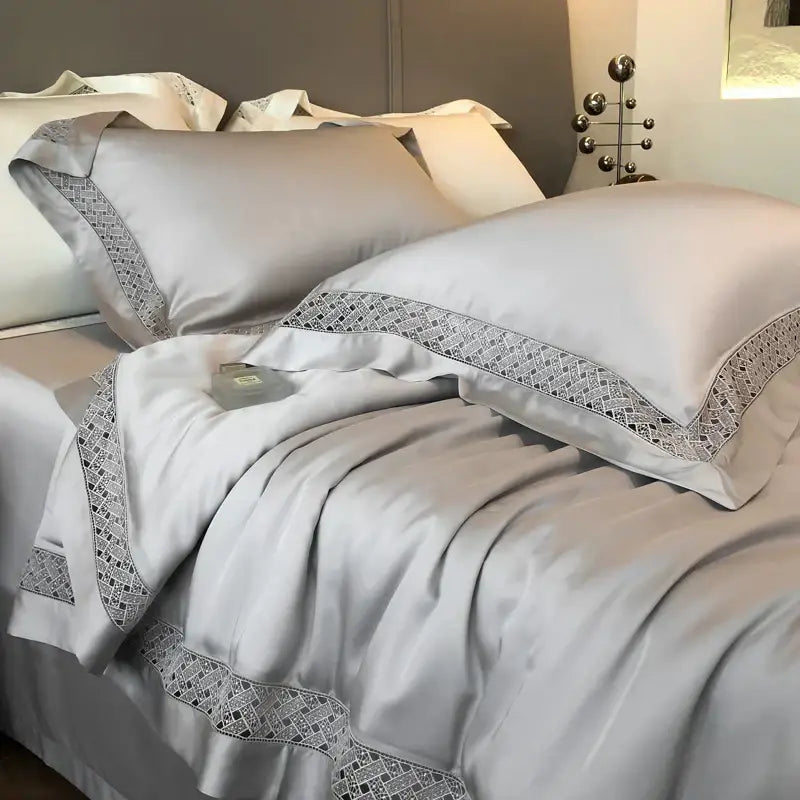Luxurious silver gray eucalyptus fiber summer quilt bedding set with elegant geometric lace trim decorbites eucalyptus fiber