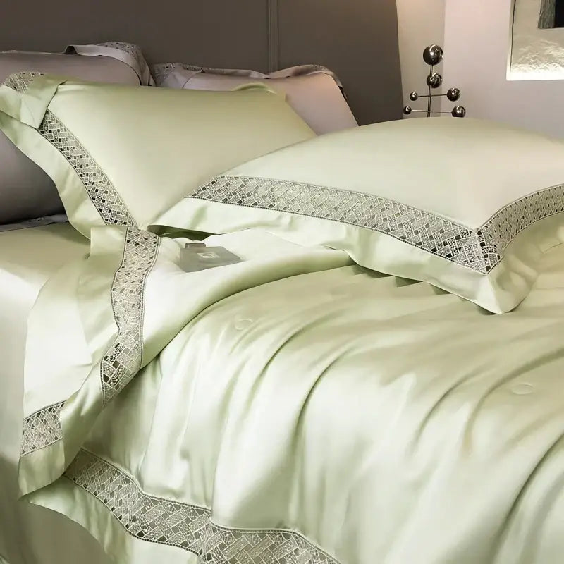 Luxurious sage green satin eucalyptus fiber summer quilt with delicate silver lace trim for decorbites bedding set