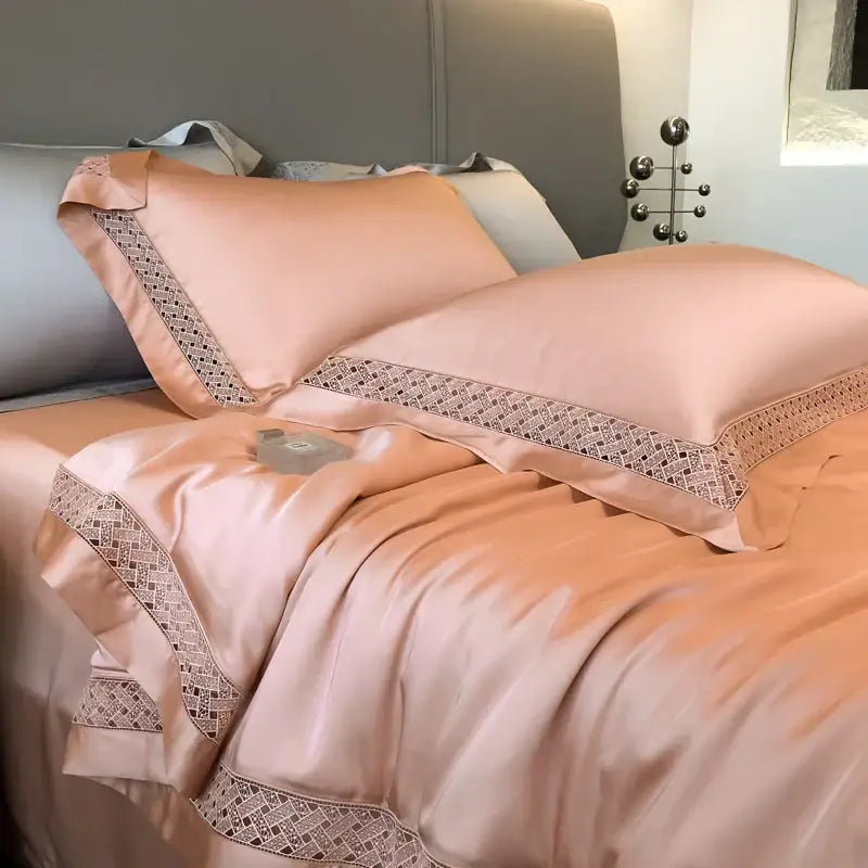 Blush pink satin bedding set with delicate lace trim in silver gray eucalyptus fiber summer quilt bedroom bedding set decorbites