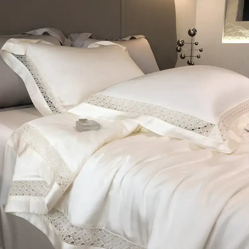 Elegant ivory satin bedding set with delicate lace trim from decorbites eucalyptus fiber summer quilt collection