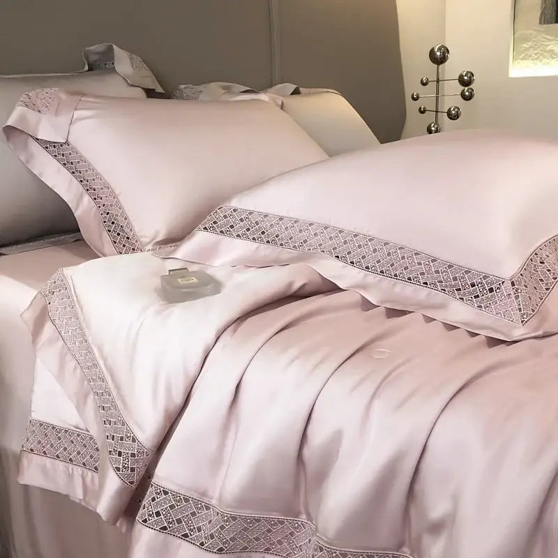 Pink satin bedding set with delicate lace trim styled with decorbites eucalyptus fiber summer quilt for elegant bedroom decor