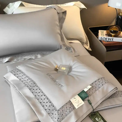 Silver satin pillowcase with intricate geometric embroidery edge from decorbites eucalyptus fiber summer quilt bedding set