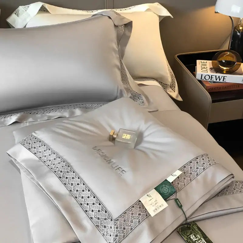Silver satin pillowcase with intricate geometric embroidery edge from decorbites eucalyptus fiber summer quilt bedding set