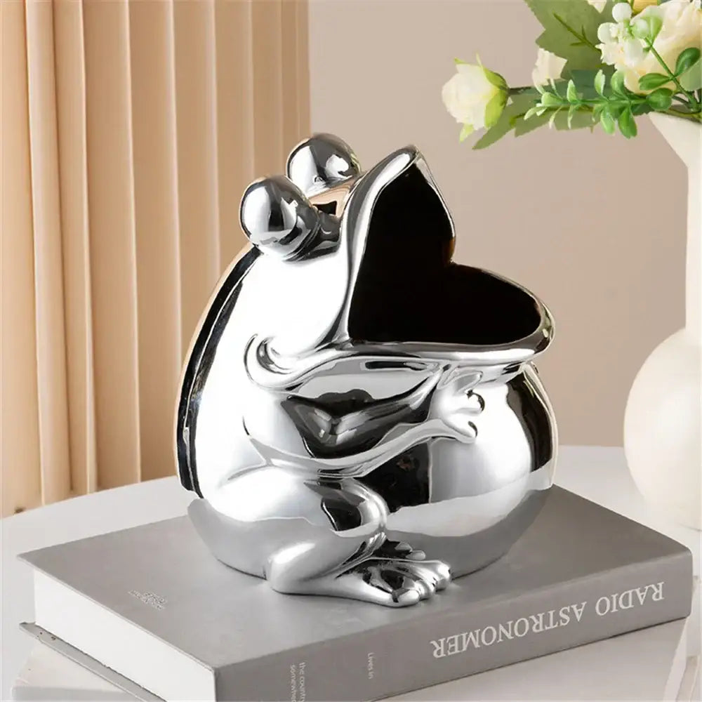 Shiny silver ceramic frog sculpture storage box with a glossy finish and open mouth for living room decor centerpiece