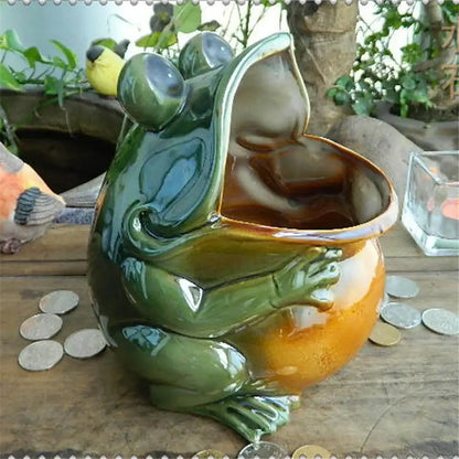 Silver green ceramic frog sculpture storage box with glossy finish and wide open mouth for living room decor