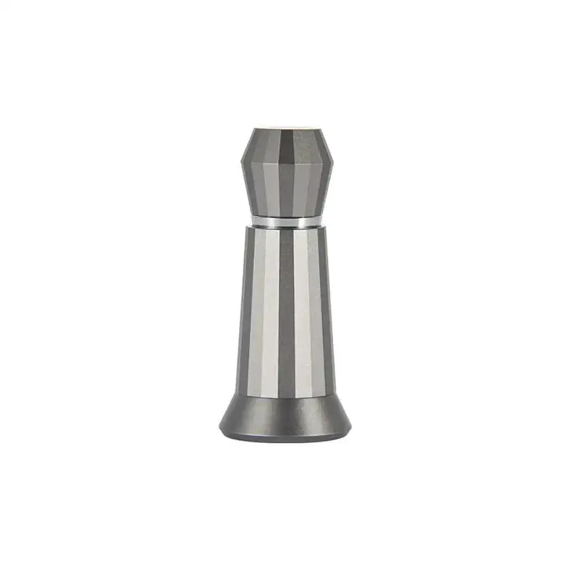 Silver hexagonal aluminum espresso distributor wdt tool with sleek metallic faceted design and polished chrome finish