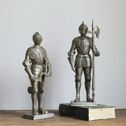 Two silver-toned decorbites iron armored soldier knight figurines with sword and axe for living room decor