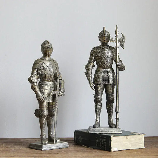 Two silver-toned decorbites iron armored soldier knight figurines with sword and axe for living room decor