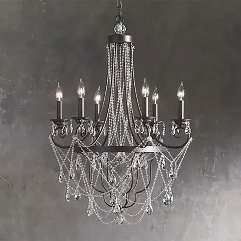 Silver iron art crystal pendant light featuring dark metal with cascading clear crystal beads for dining room decorbites iron art