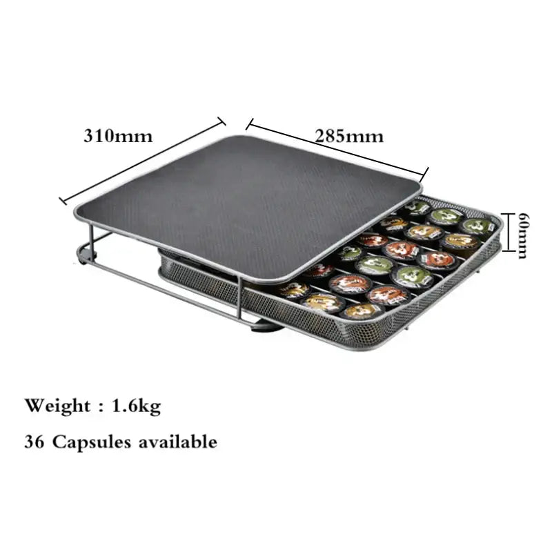 Black mesh coffee capsule storage rack with flat top and sliding tray holds 36 k-cups decorbites coffee capsule organizer