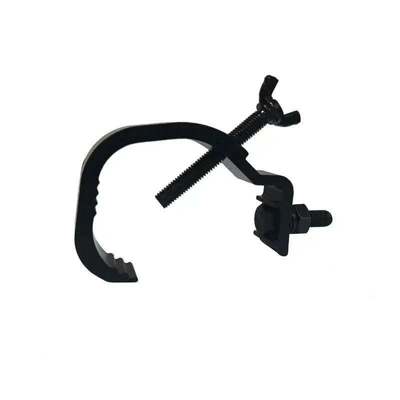 Black metal scaffold clamp with threaded bolt and wing nut for silver metallic aluminium light hook for led par moving head