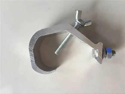 Silver metallic aluminium light hook with scaffold clamp, threaded rod, and wing nut fasteners for led par moving head