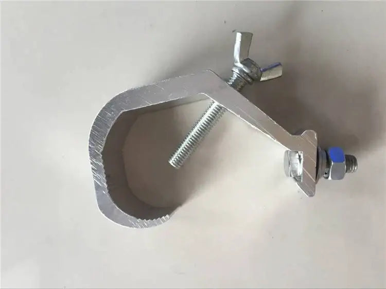 Silver metallic aluminium light hook with scaffold clamp, threaded rod, and wing nut fasteners for led par moving head