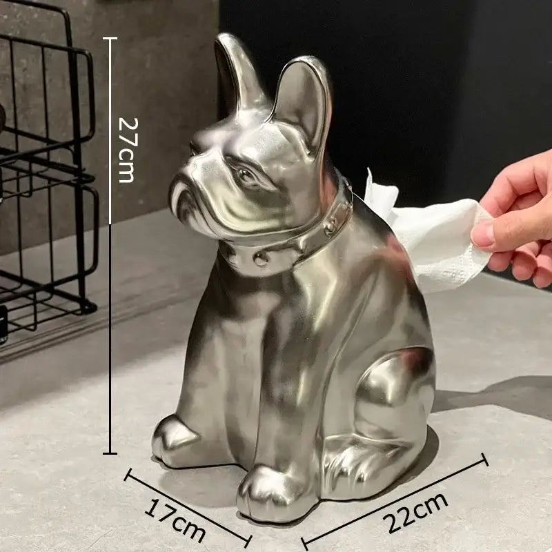 Silver metallic french bulldog ceramic tissue box with collar detail for stylish living room decor by decorbites french bulldog