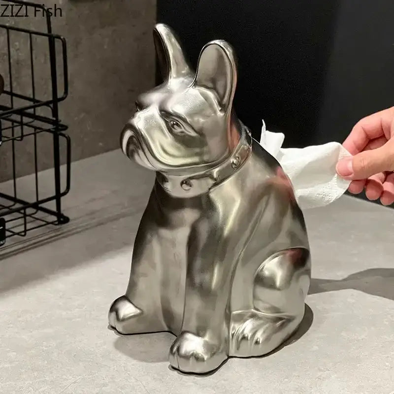 Silver metallic french bulldog ceramic tissue box with collar detail by decorbites for stylish living room decor
