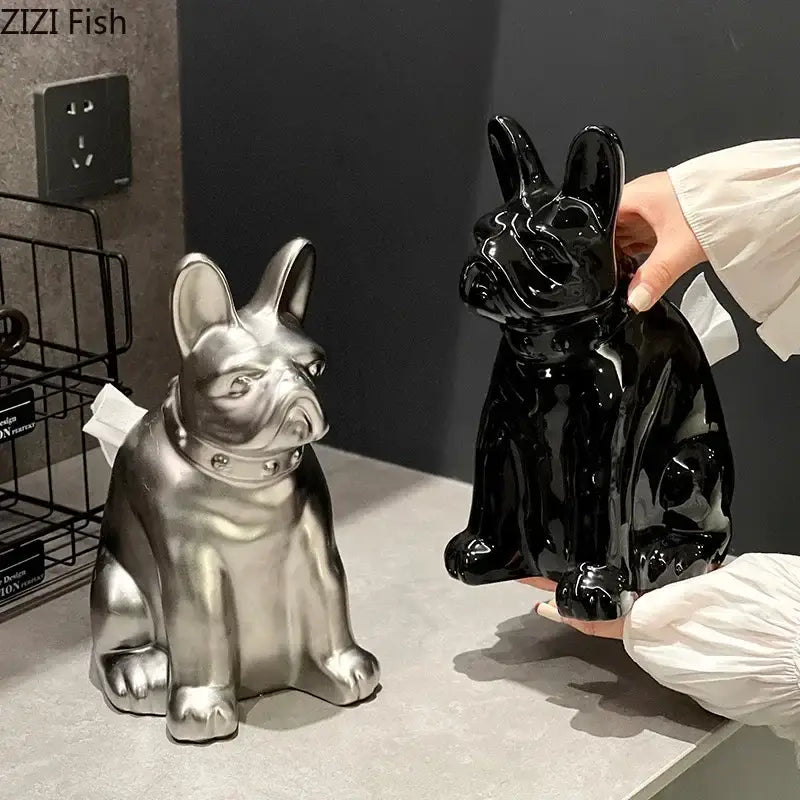 Silver metallic french bulldog ceramic tissue box holders in silver and black with detailed collars for decorbites french bulldog decor