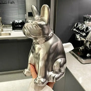 Silver metallic french bulldog ceramic tissue box with studded collar for living room decor by decorbites french bulldog