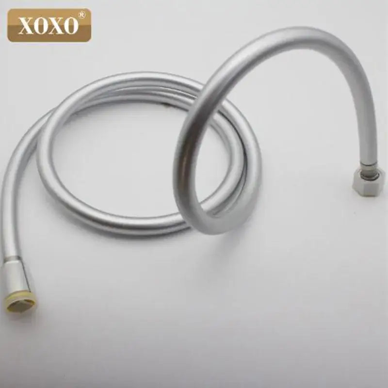 Silver pvc flexible shower hose with metallic spiral design and brass fittings for bathroom use