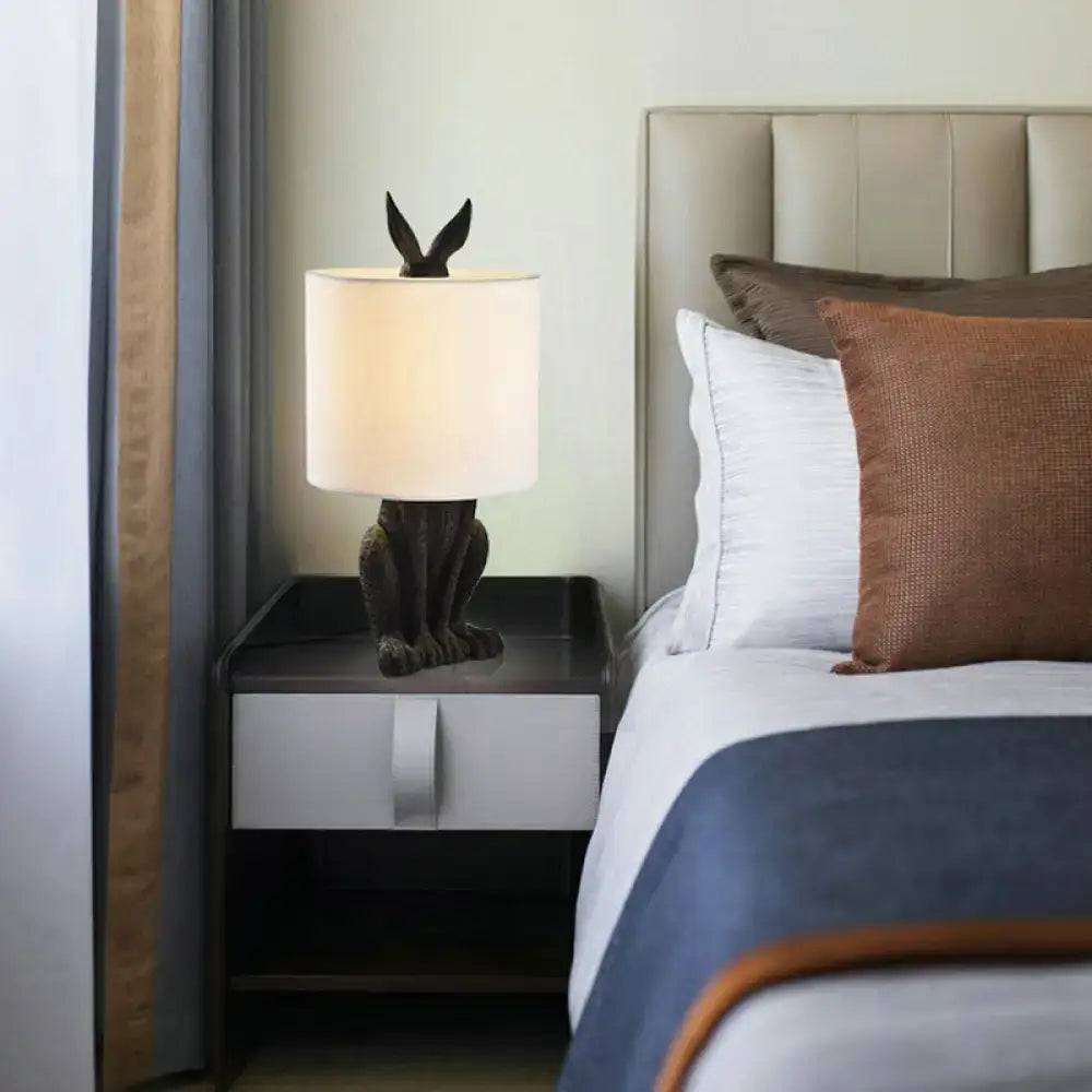 Black rabbit nightstand lamp with cream cylindrical shade 110v-120v 220v-240v bedside table light for bedroom