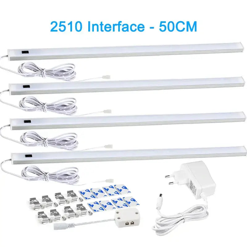 Four white 50cm led silver rectangular pir motion sensor cabinet lights with adapters for kitchen and living spaces