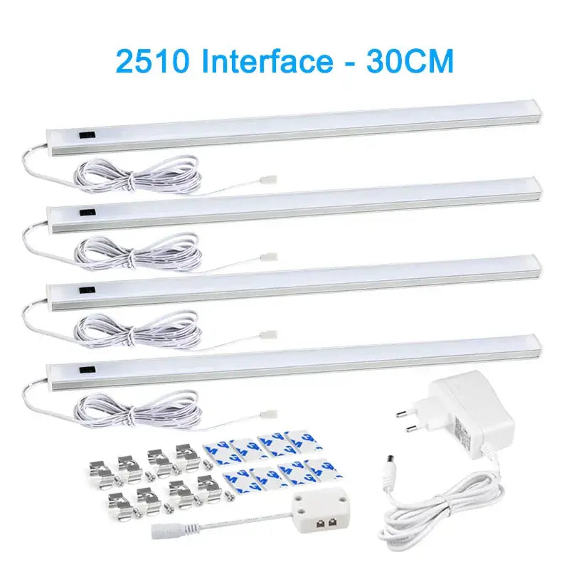 Four white 30cm led under-cabinet lights with pir motion sensor integrated power cords for living spaces