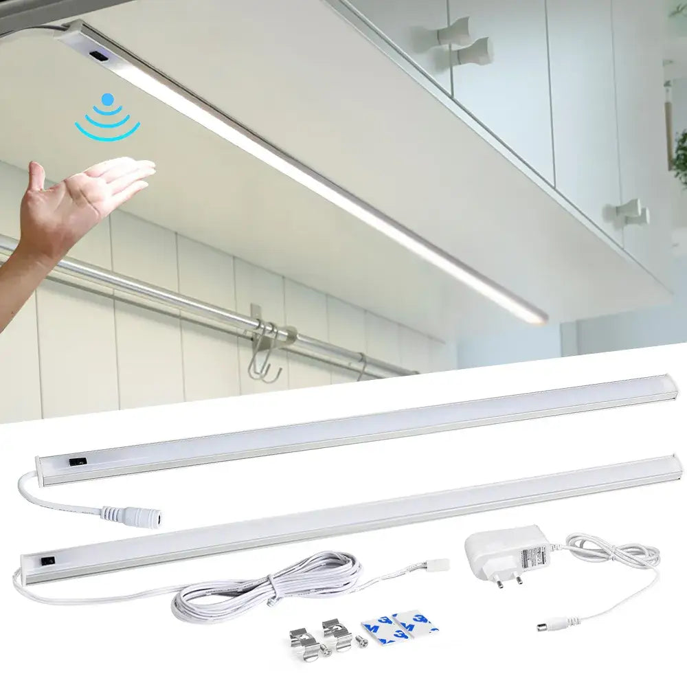 Silver rectangular pir motion sensor cabinet light with sleek design and white power cord for kitchen and living spaces