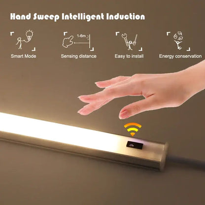 Silver rectangular pir motion sensor cabinet lights with metallic finish and hand-sweep induction for living spaces