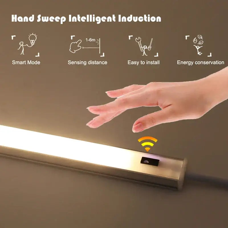 Silver rectangular pir motion sensor cabinet lights with metallic finish and hand-sweep induction for living spaces