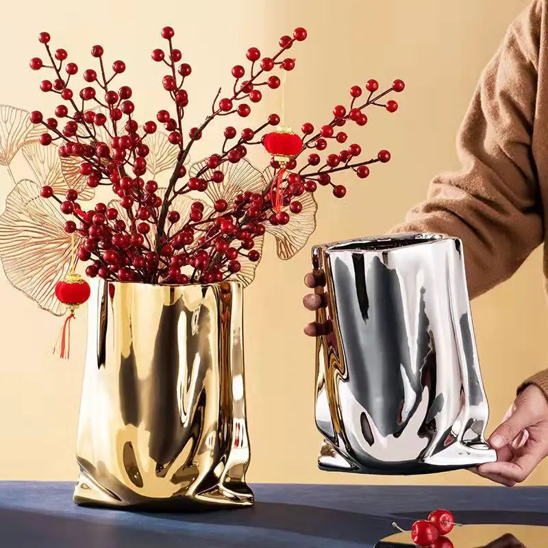 Silver Ruffled Ceramic Flower Vase