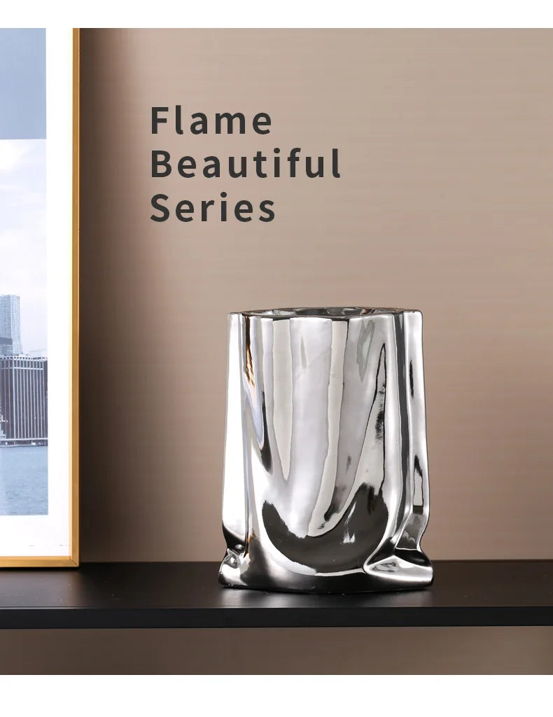 Silver Ruffled Ceramic Flower Vase