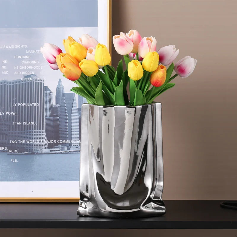 Silver Ruffled Ceramic Flower Vase - Vase