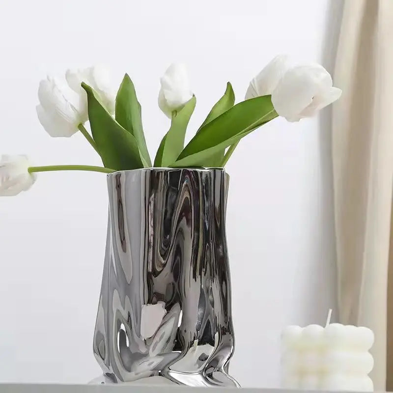 Silver Ruffled Ceramic Flower Vase