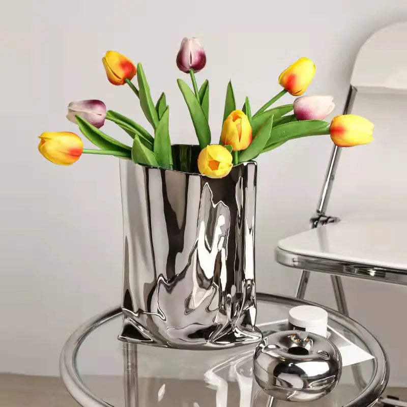 Silver Ruffled Ceramic Flower Vase