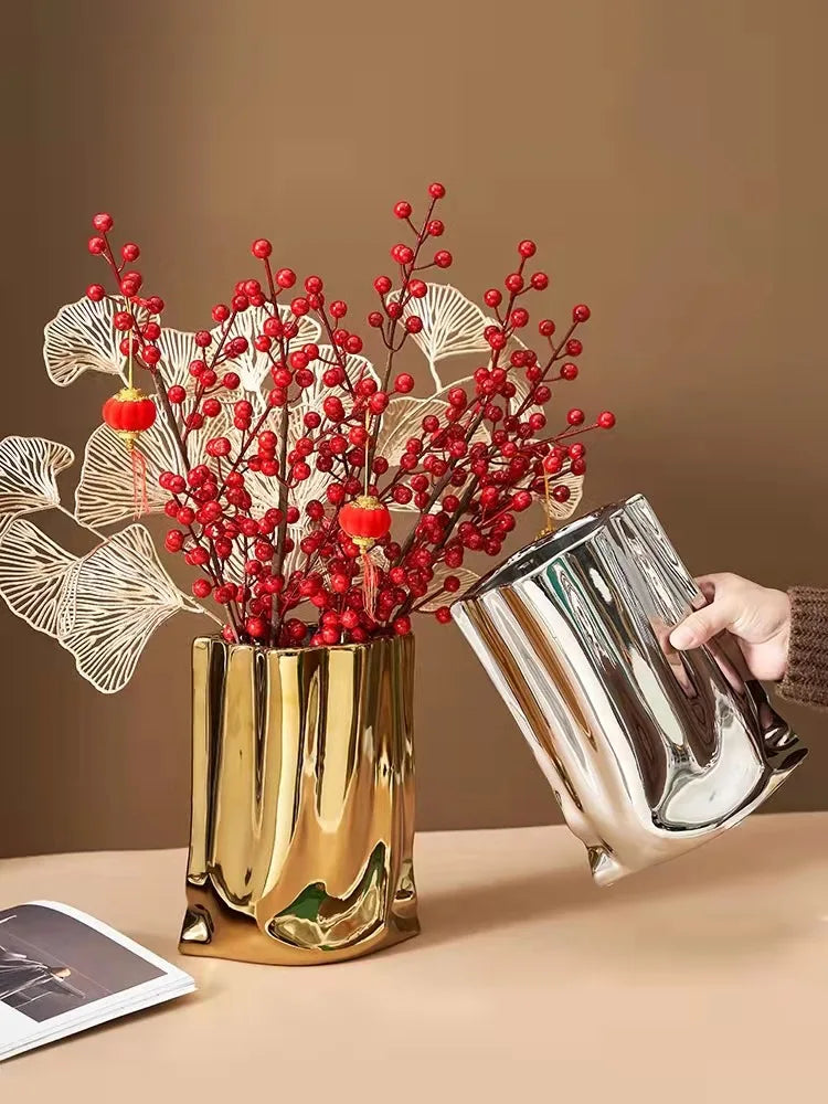 Silver Ruffled Ceramic Flower Vase
