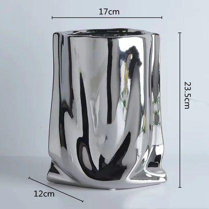 Silver Ruffled Ceramic Flower Vase - silver-L - Vase