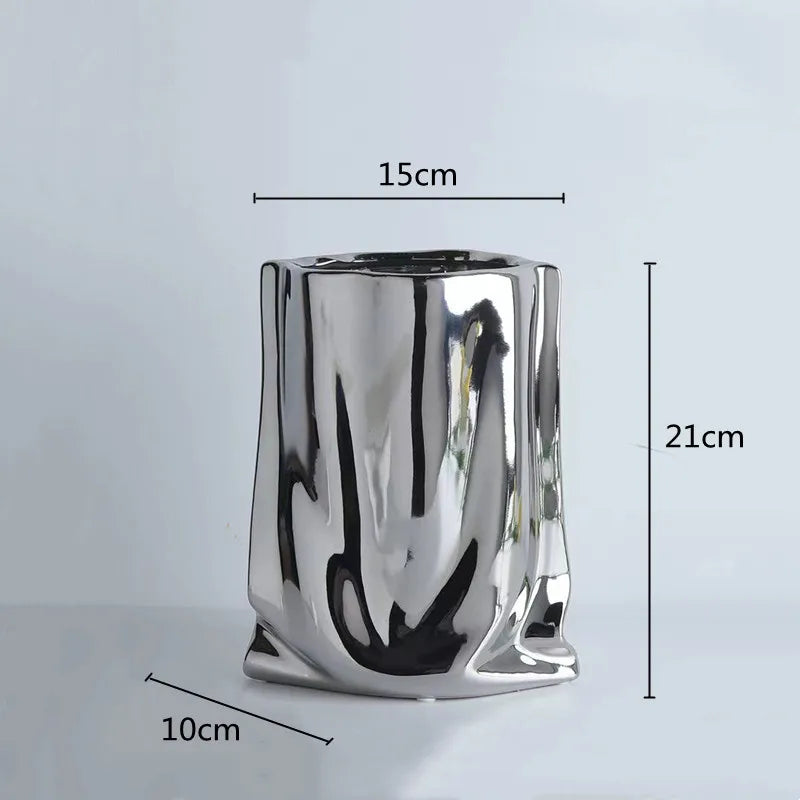 Silver Ruffled Ceramic Flower Vase - silver-M - Vase