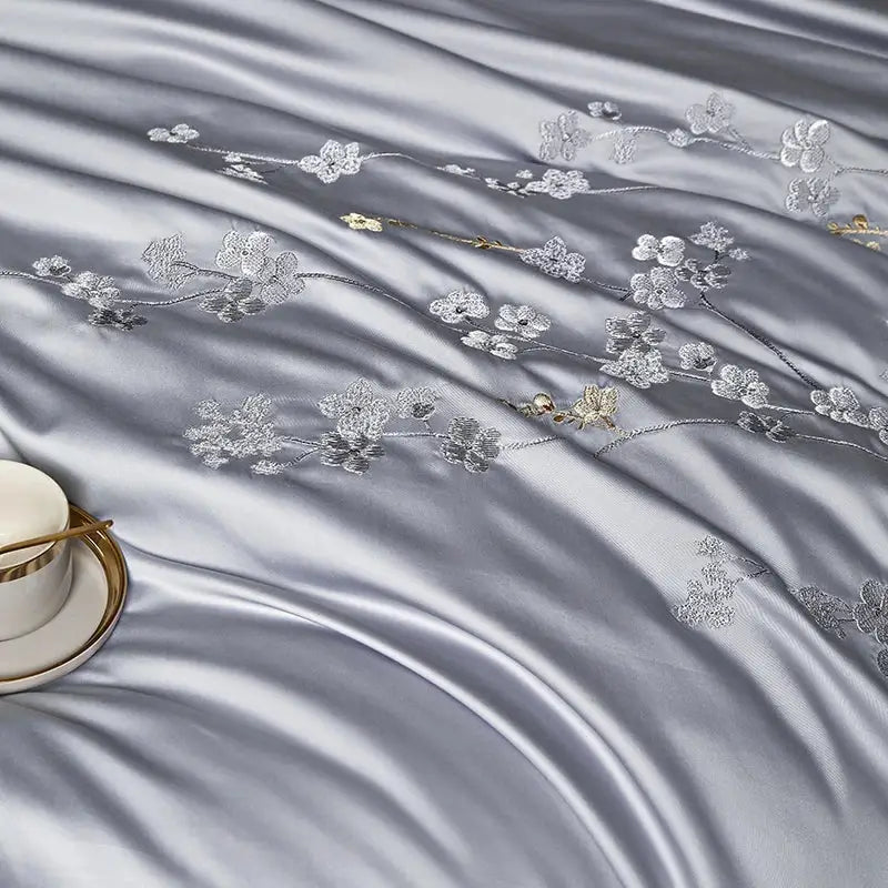 Silk-gray satin silver satin egyptian cotton flowers embroidery bedding set with delicate silver and gold-threaded cherry blossoms