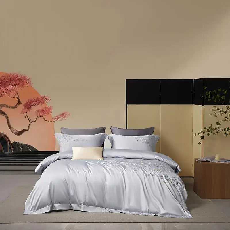 Silver satin egyptian cotton bedding set with delicate cotton flowers embroidery for bedroom use