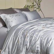 Silver satin egyptian cotton bedding set with delicate cotton flowers embroidery in gray and gold for bedroom use