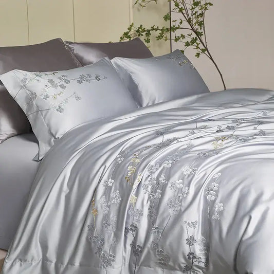 Silver satin egyptian cotton bedding set with delicate cotton flowers embroidery in gray and gold for bedroom use