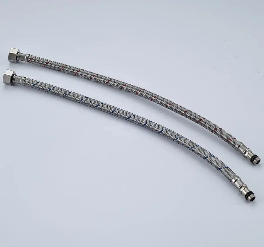 Two silver stainless steel faucet plumbing hoses with braided steel and hexagonal fittings for kitchen and bath use
