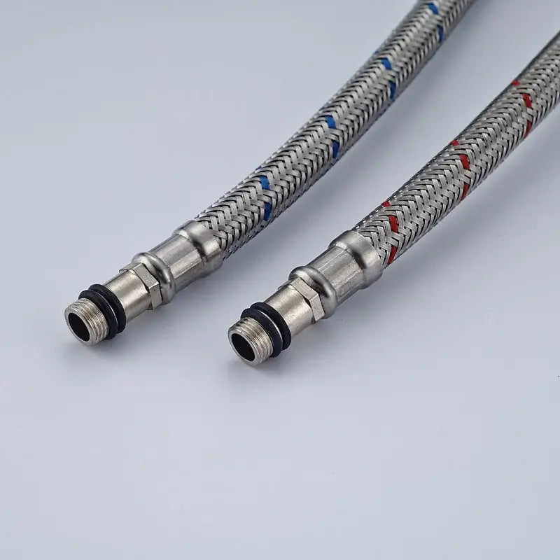Silver stainless steel faucet plumbing hose with braided red and blue markers for hot and cold water supply