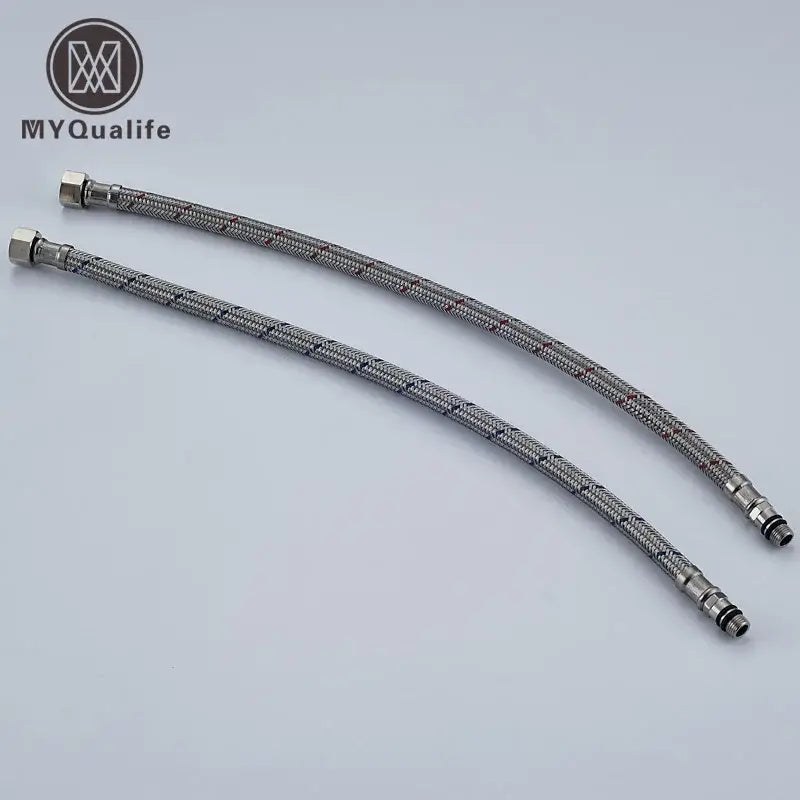 Two silver stainless steel plumbing hoses with braided texture and threaded connectors for steel faucet plumbing use
