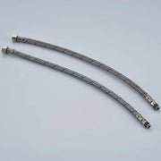 Two silver stainless steel braided plumbing hoses with threaded connectors for kitchen and bath steel faucet plumbing